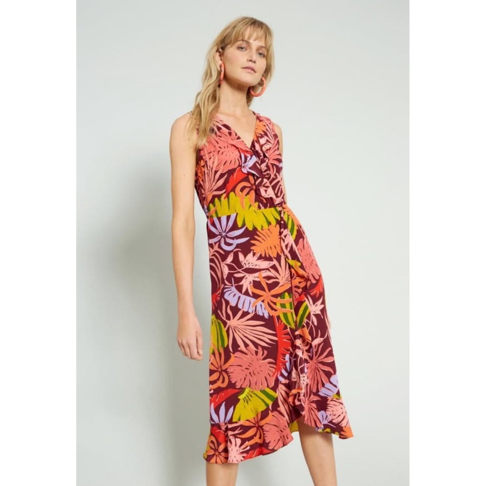 Gorman Banana Jungle Maroon Floral Silk Ruffle Midi Dress Tropical Leaf Size M